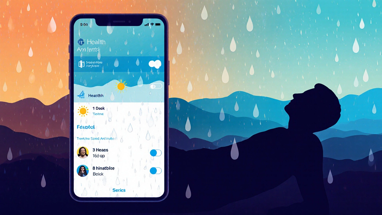 Адаптивный интерфейс, меняющий цвета с утра на вечер, с легкими анимациями дождя на экране смартфона.