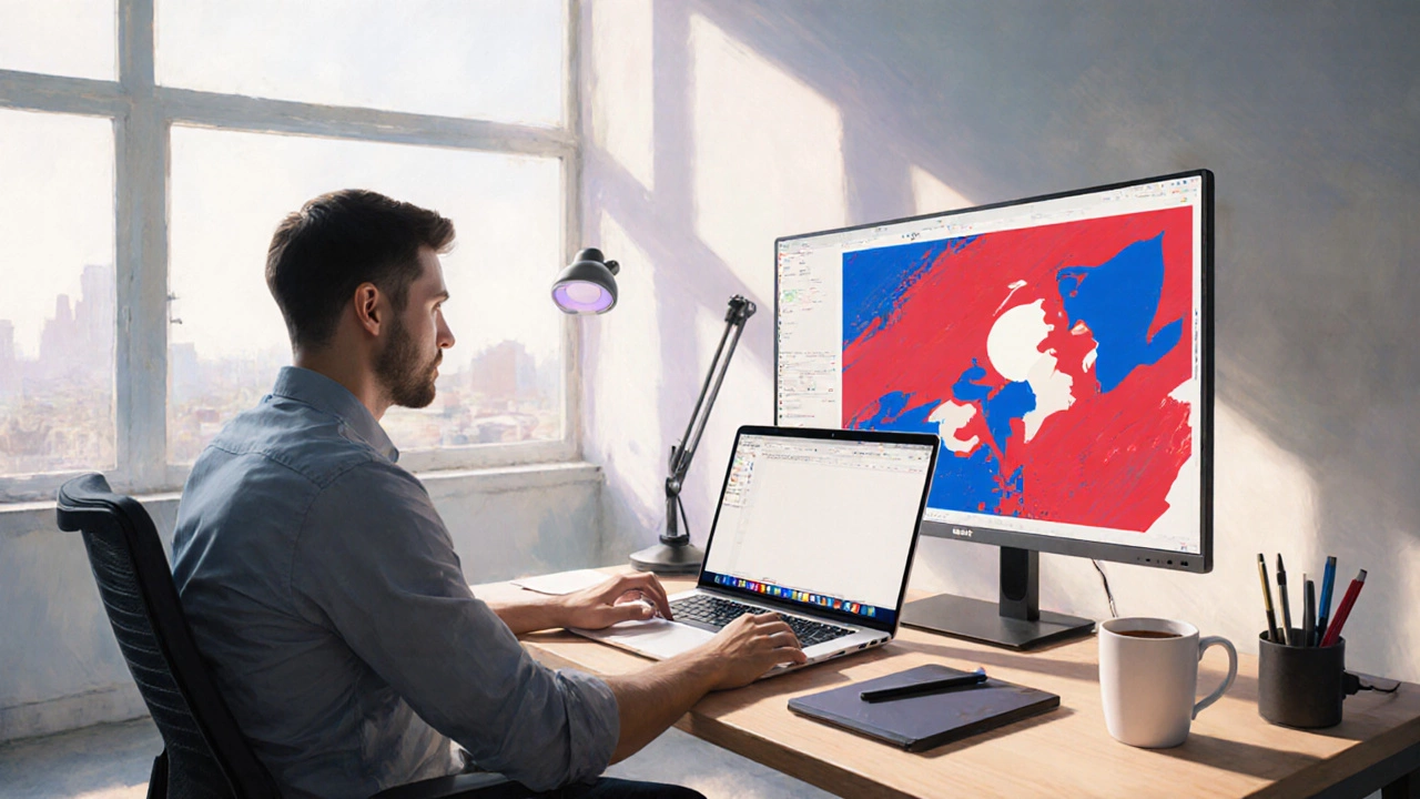 Фриланс‑дизайнер работает на MacBook Pro с 4K‑монитором в светлом коворкинге.