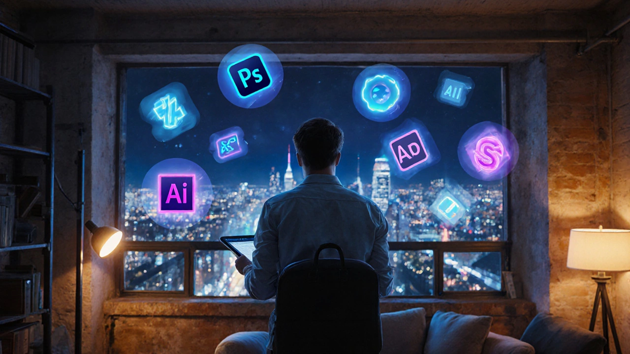 Фриланс‑дизайнер с планшетом, окружённый иконками Photoshop, Figma, After Effects, на фоне городского пейзажа.