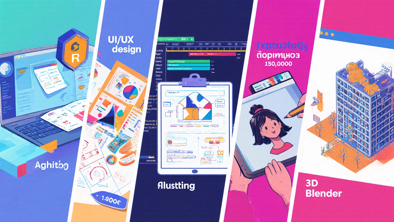 Коллаж, показывающий UI/UX, Motion‑дизайн, брендинг, иллюстрацию и 3D‑визуализацию с их типичными инструментами и зарплатами.