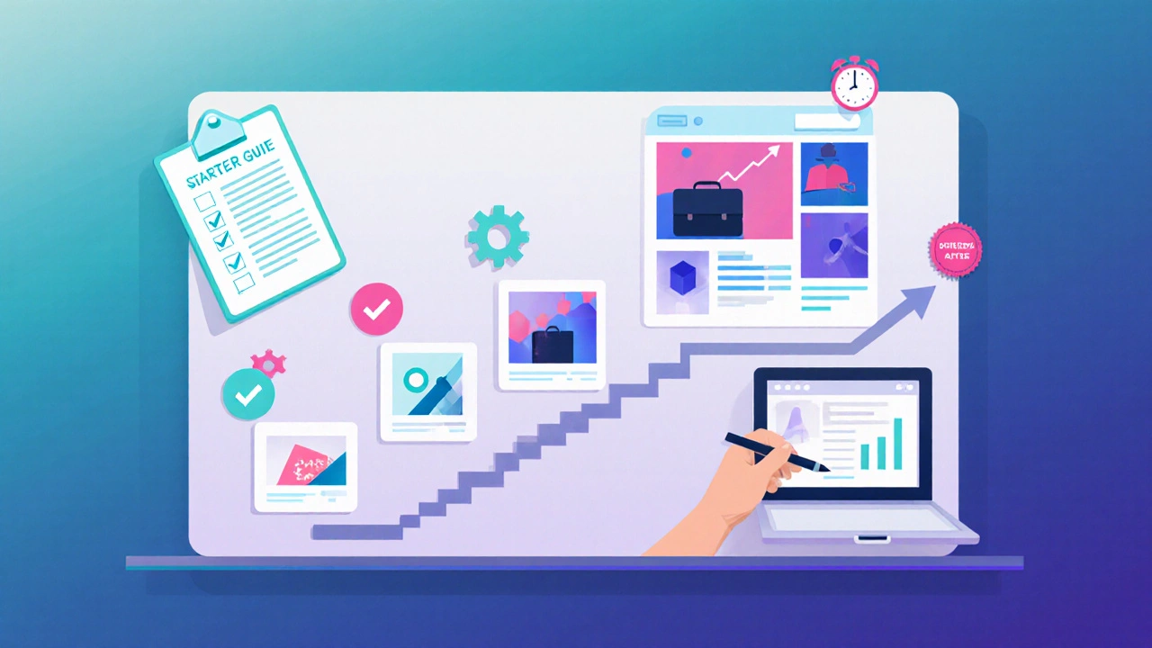 Плоская векторная композиция с портфолио‑миниатюрами, чек‑листом и лестницей карьерного роста.