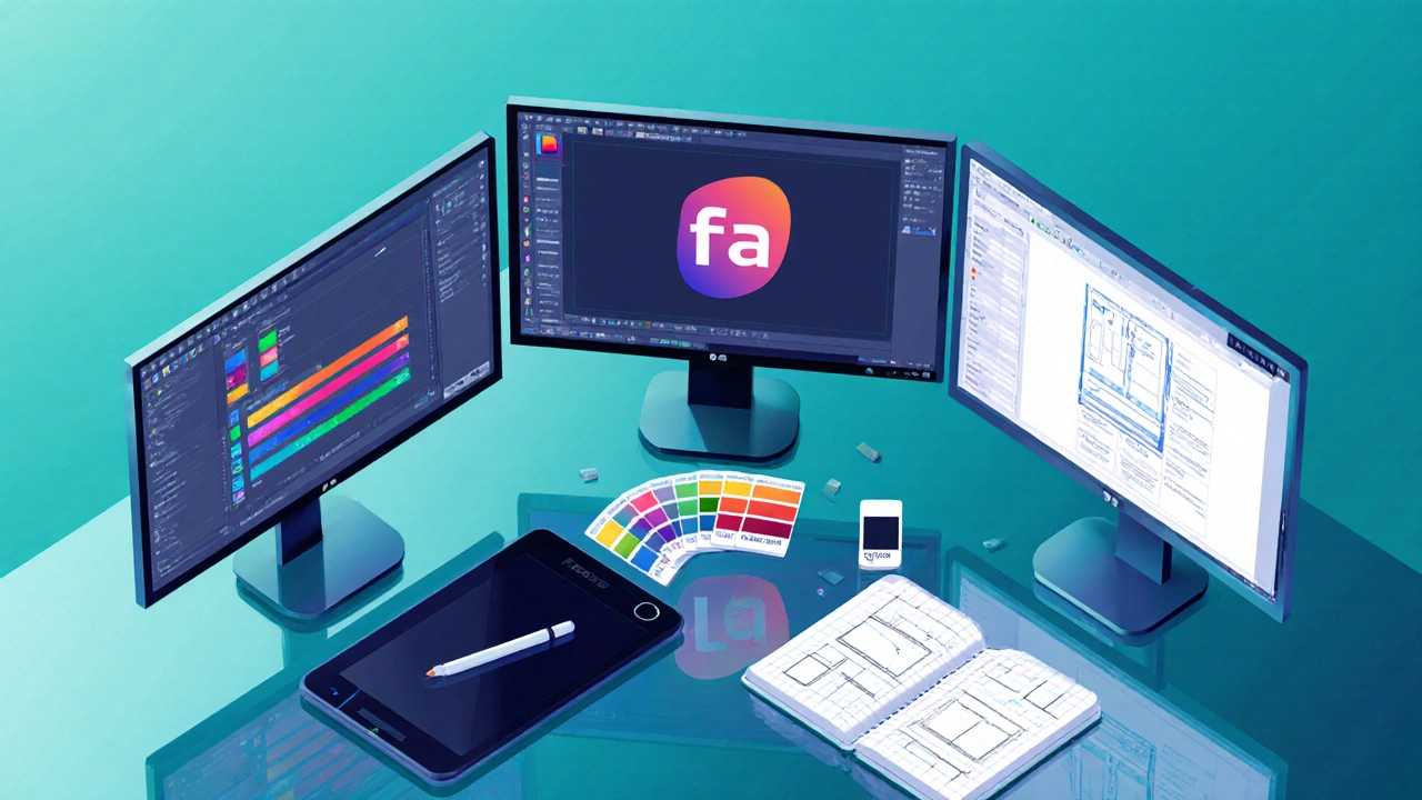 Рабочее место с тремя мониторами, показывающими Photoshop, Illustrator и Figma.