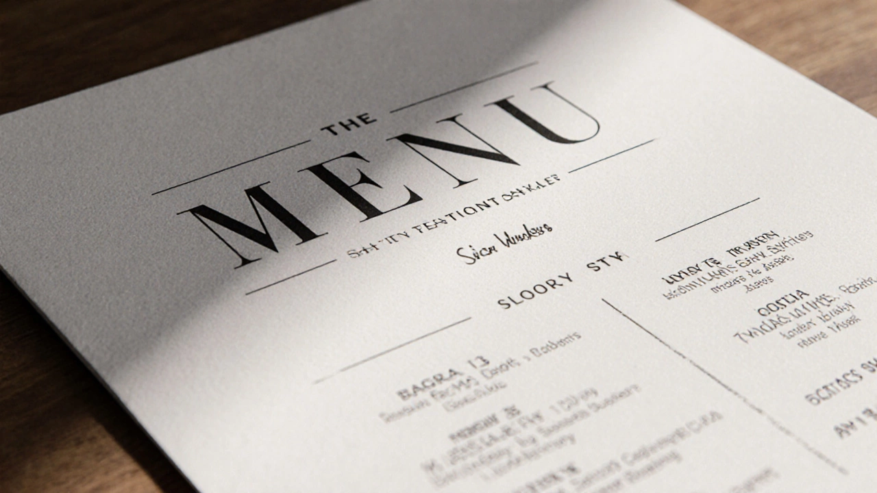 Ресторанное меню: главное блюдо выделяется размером, цветом и пустым пространством.
