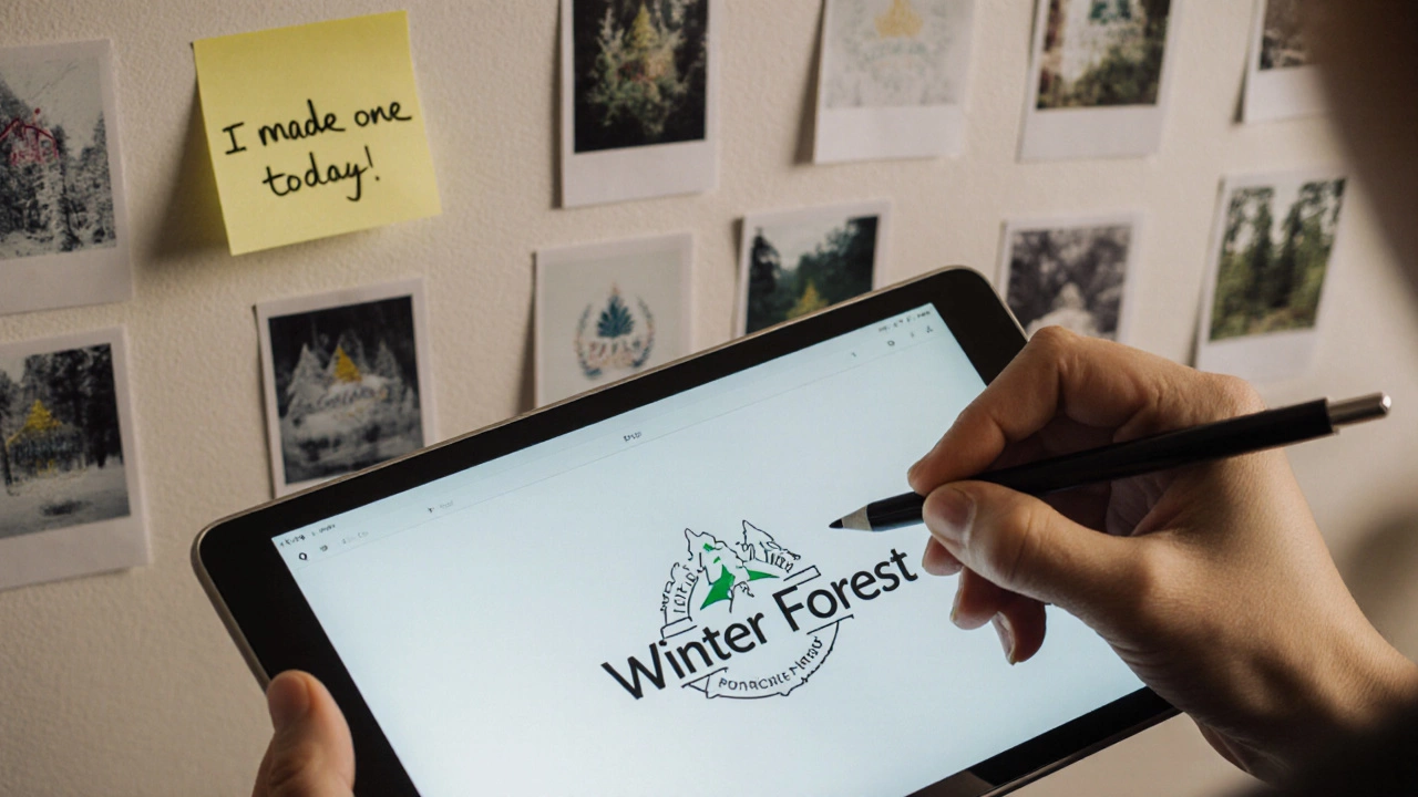 Рука рисует логотип мыла на планшете, на стене — 30 этапов прогресса в дизайне.