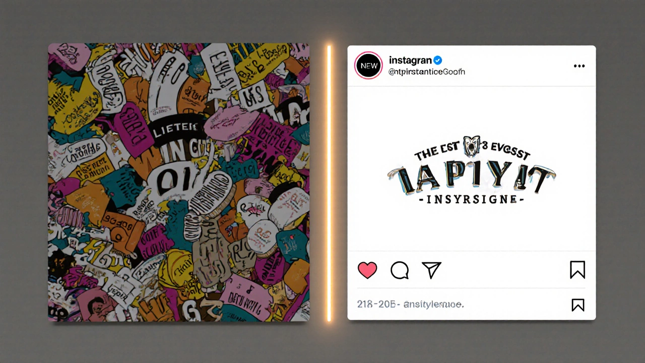 Сравнение старого перегруженного дизайна и современного минималистичного поста в соцсетях.