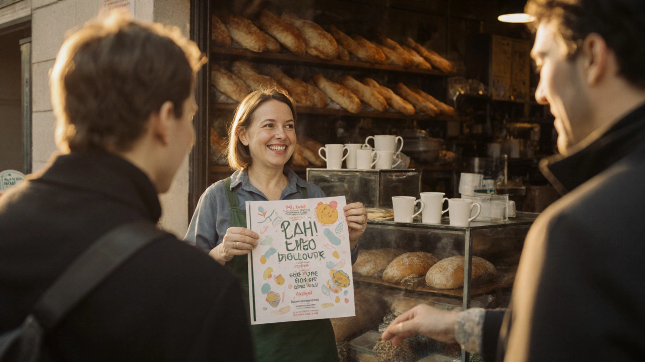 Бывший бухгалтер с самодельным плакатом перед пекарней, клиенты улыбаются.