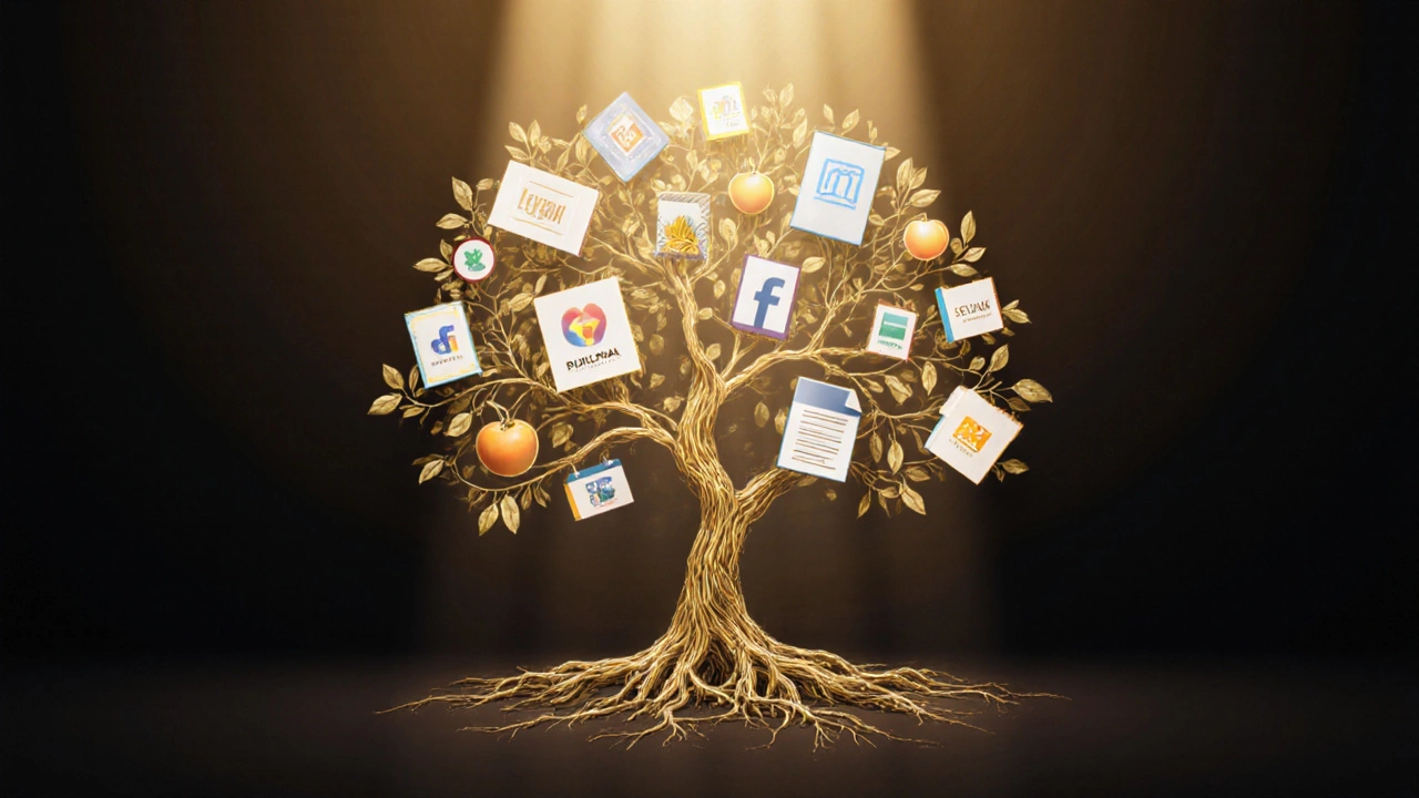 Дерево брендов с логотипами, упаковкой и постами в соцсетях как листья и плоды.