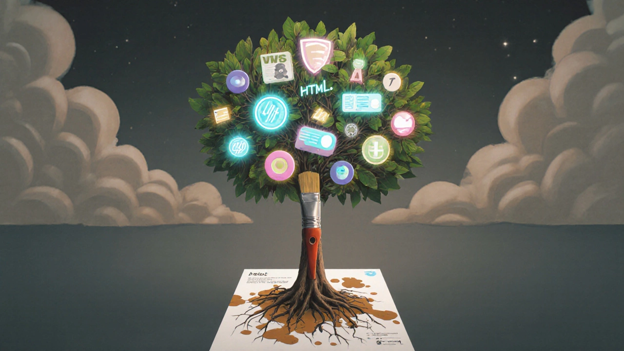 Дерево из HTML-тегов растёт из кисти, корни в печатном постере — символ связи дизайна и кода.
