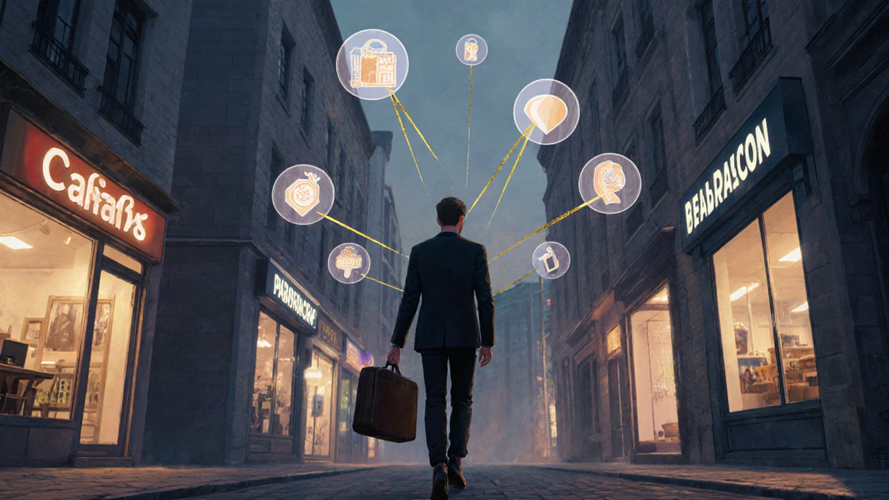 Дизайнер идёт по улице, а над местными бизнесами висят золотые нити, соединяющиеся с ним.