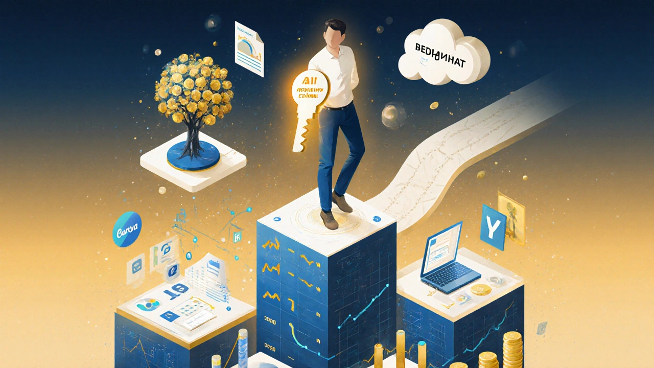 Дизайнер как бизнесмен стоит на финансовых графиках и цифровых символах, держа ключ &#039;Результат&#039;.