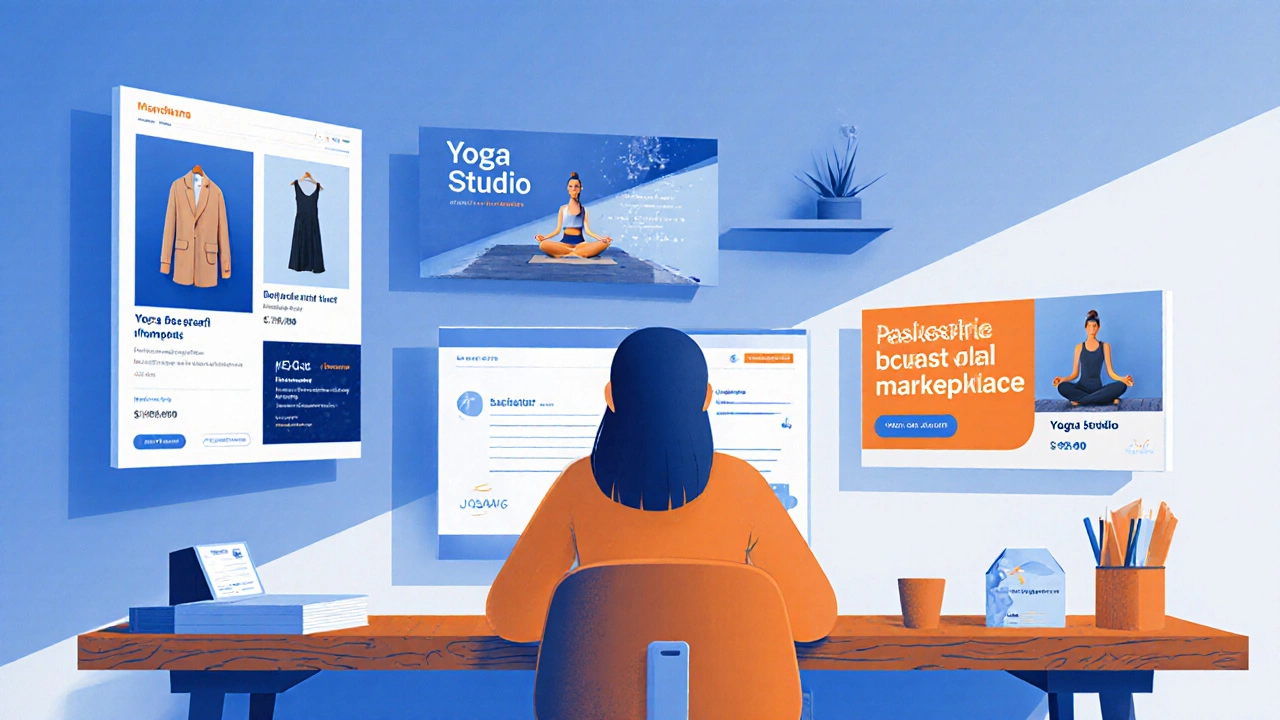 Дизайнер работает за столом, на экранах — баннеры, упаковка и визитки для разных бизнесов.