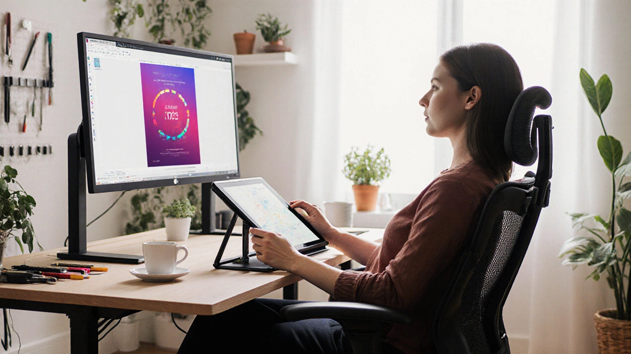 Дизайнер сидит в эргономичном кресле, регулируя подставку для планшета под углом.