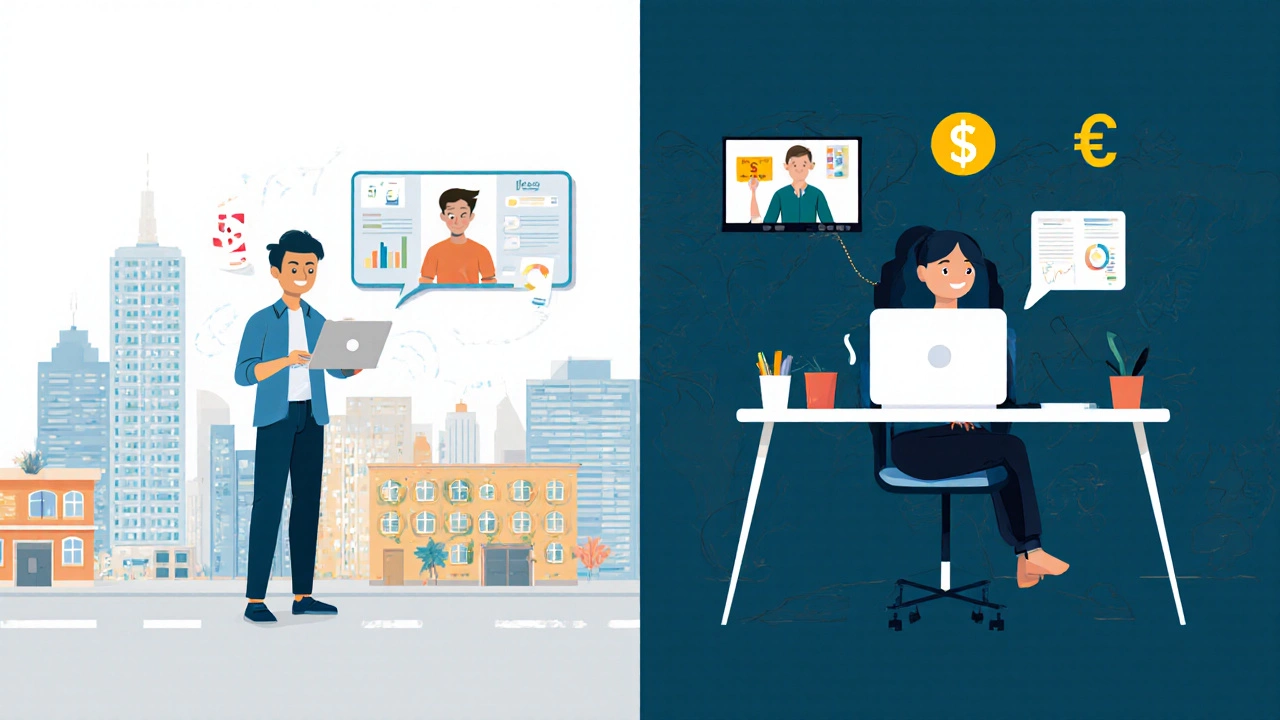 Два сценария: дизайнер на местном фрилансе слева и с международными клиентами справа.