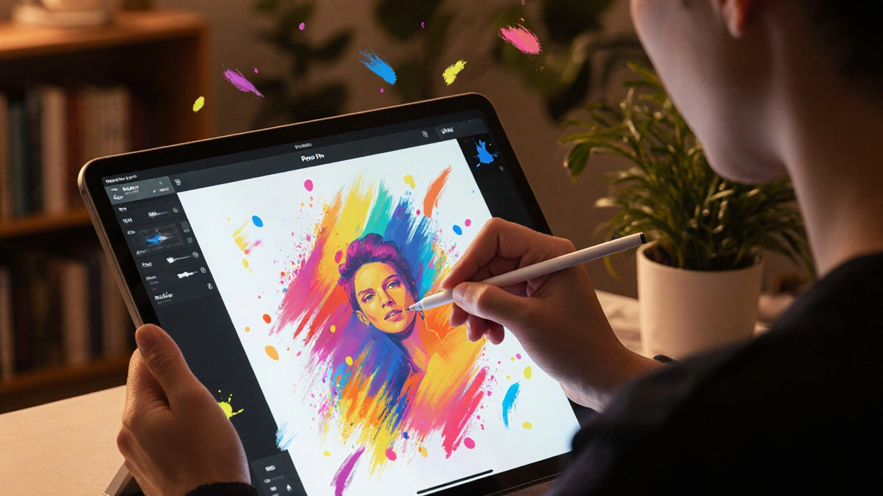 Художник рисует на iPad Pro с Apple Pencil, цветные мазки парят вокруг экрана в тёплом свете.