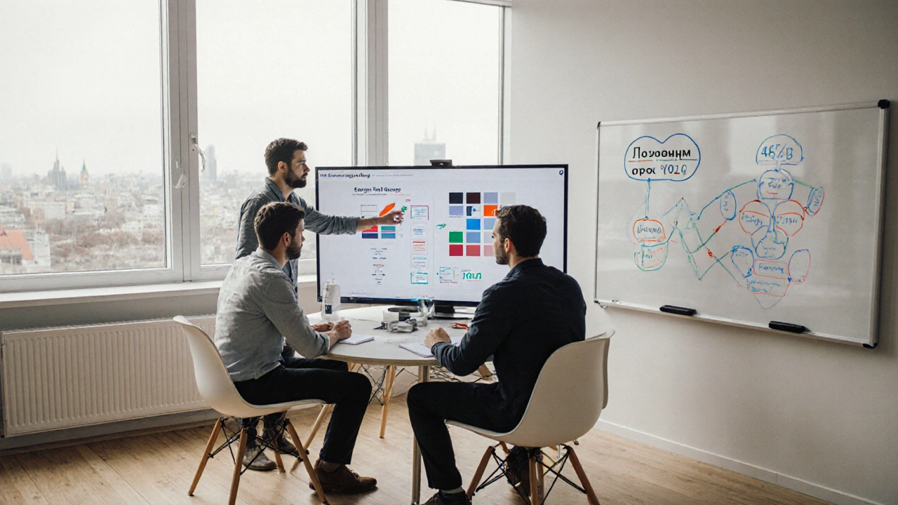 Команда дизайнеров в московском агентстве анализирует дизайн интерфейса на большом экране.