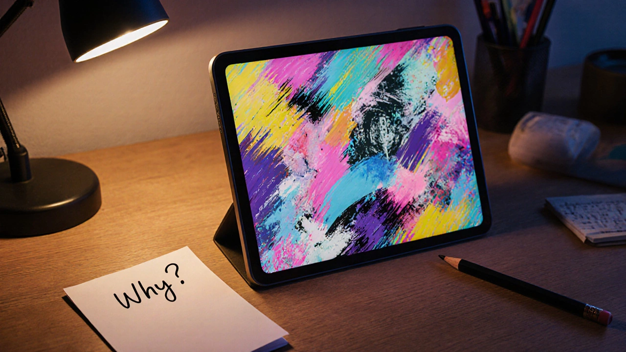 Рабочее место дизайнера с несимметричным дизайном, смешанными текстурами и заметкой &#039;Зачем?&#039;