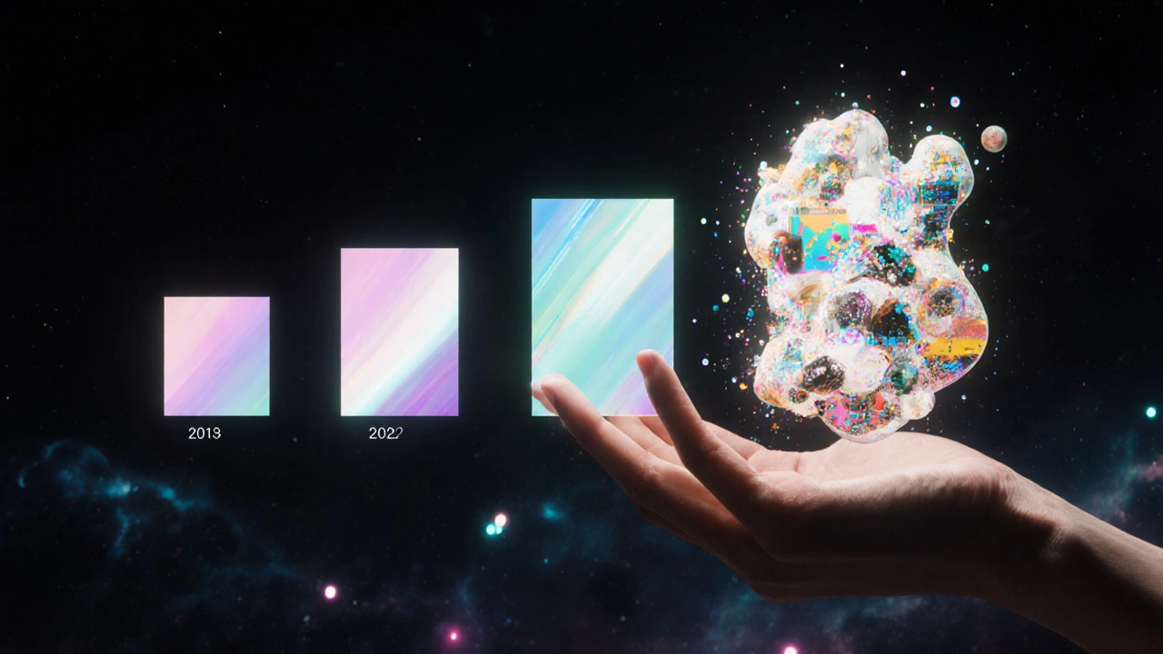 Рука держит эволюционирующий элемент дизайна от плоской формы к органичному, анимированному стилю.