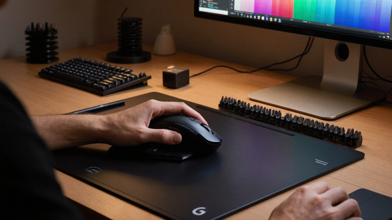 Рука дизайнера использует мышь и программируемую клавиатуру на рабочем столе.