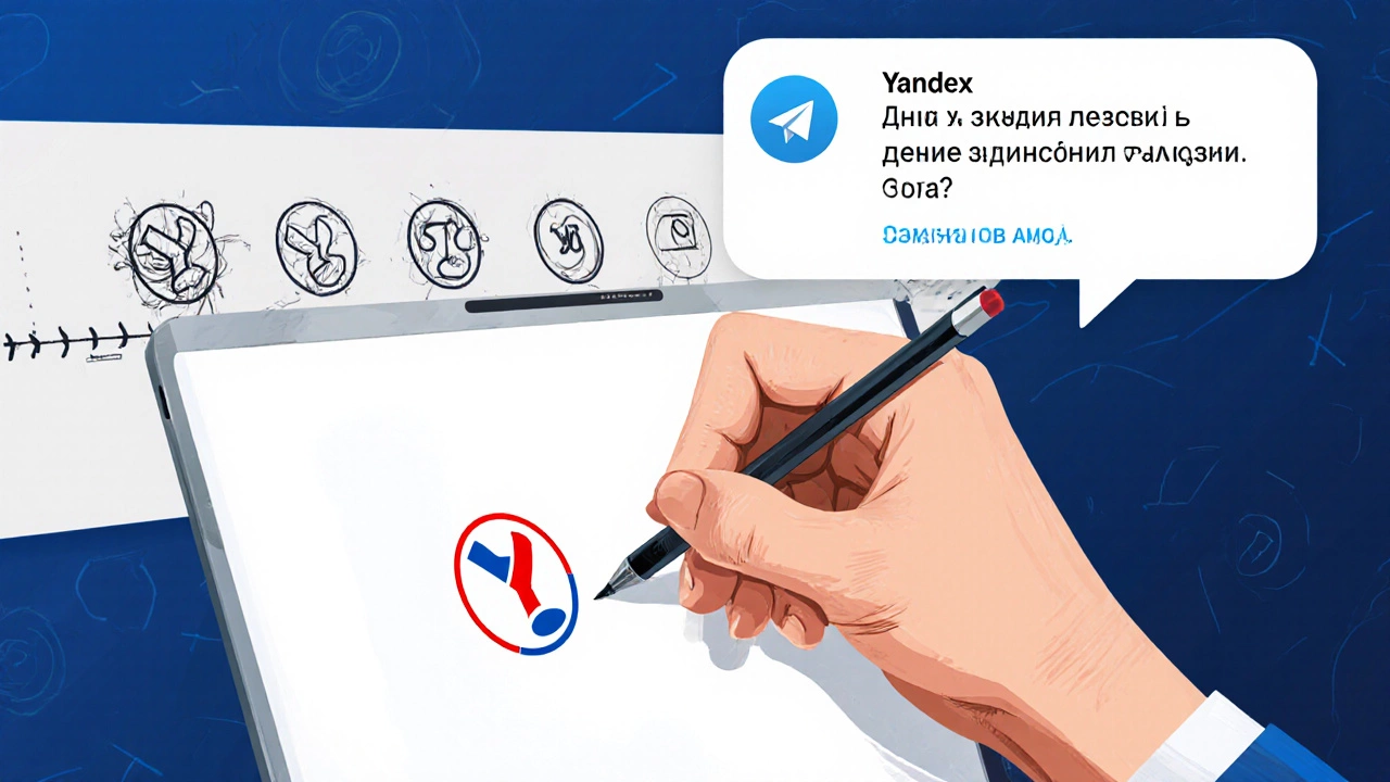 Рука рисует логотип Яндекса на планшете, позади — этапы развития дизайна от наброска до финала, с уведомлением в Telegram.