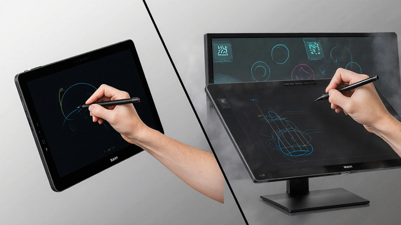 Сравнение двух типов графических планшетов: с экраном и без, с визуальными индикаторами чувствительности к давлению.