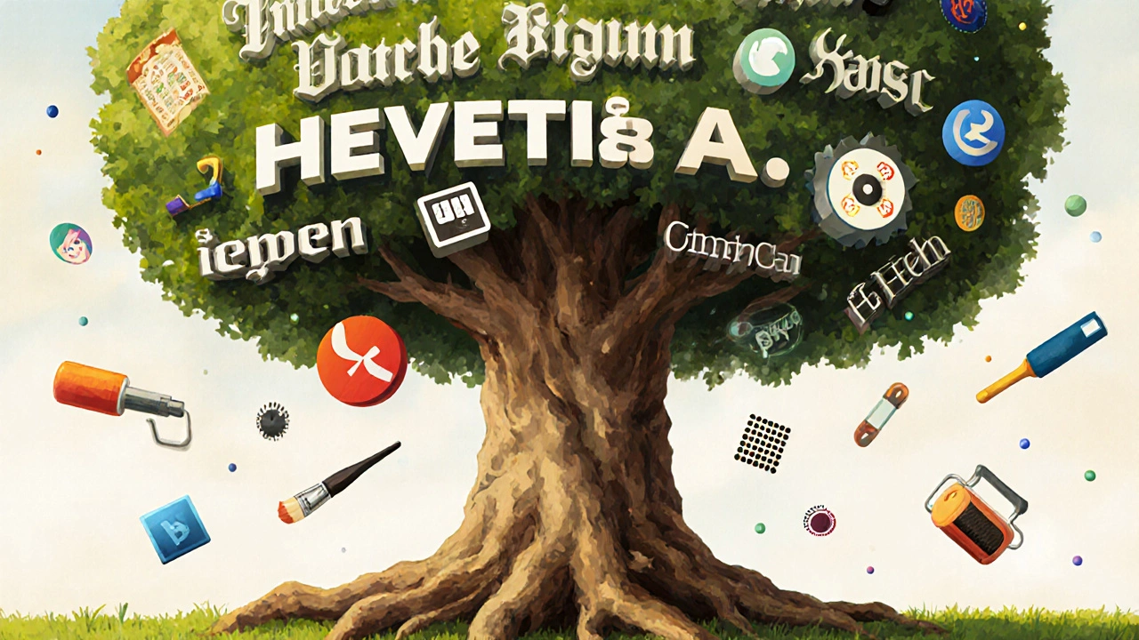 Типографическое дерево с корнями из шрифтов и ветвями, превращающимися в логотипы и анимации