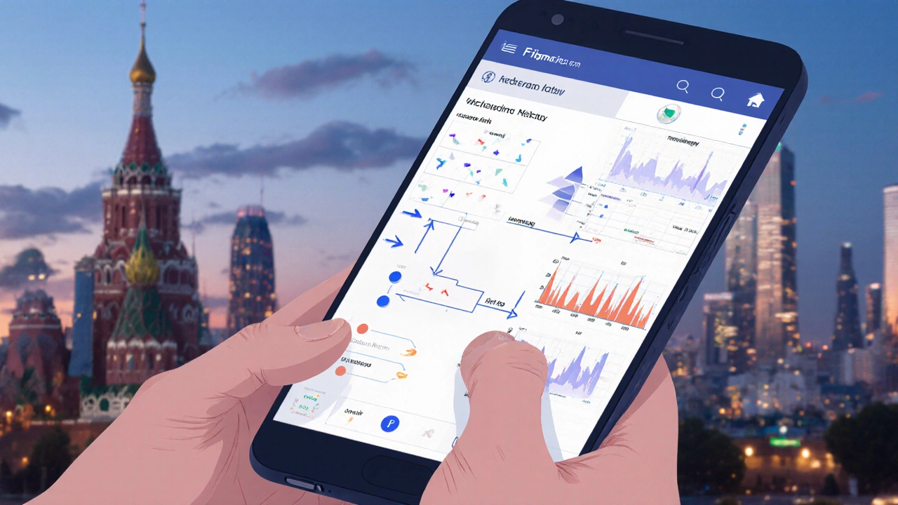 UX/UI дизайнер работает над интерфейсом банковского приложения в Figma с визуализацией потока пользователей.