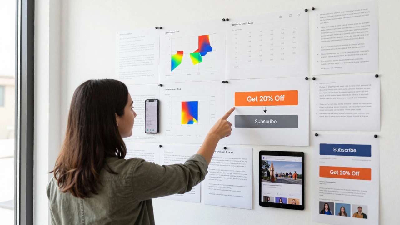 Дизайнер анализирует данные тестирования пользователей: тепловые карты и результаты A/B-тестов.