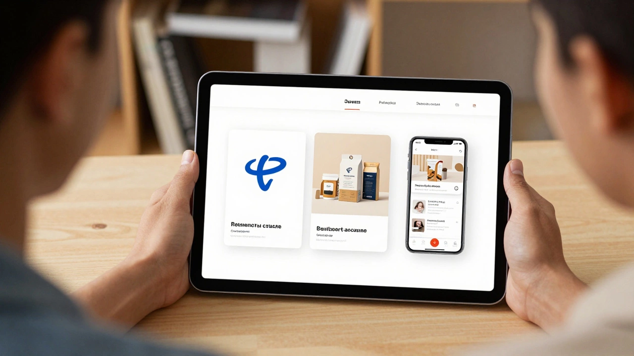 Дизайнер представляет портфолио с тремя проектами: логотип, упаковка и интерфейс приложения перед комиссией.