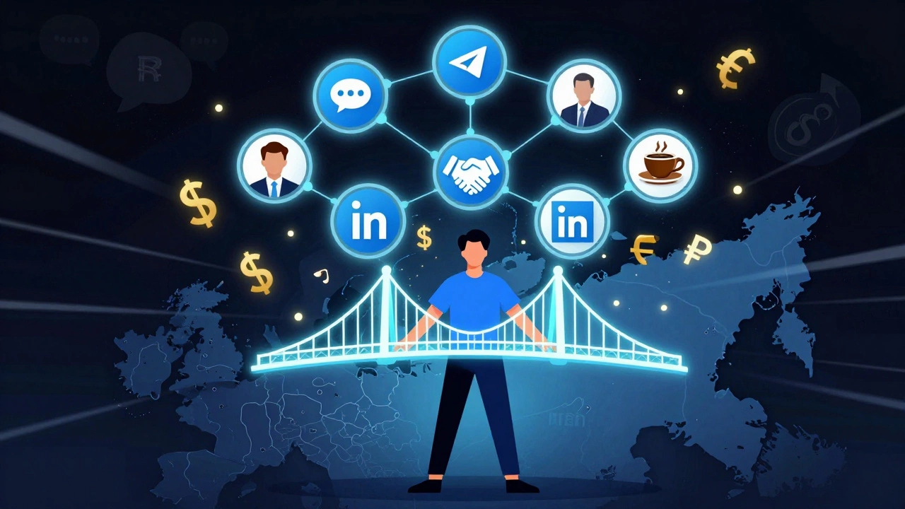 Дизайнер соединяет Telegram, LinkedIn и локальные бизнесы через светящийся мост, символизирующий источники заказов.