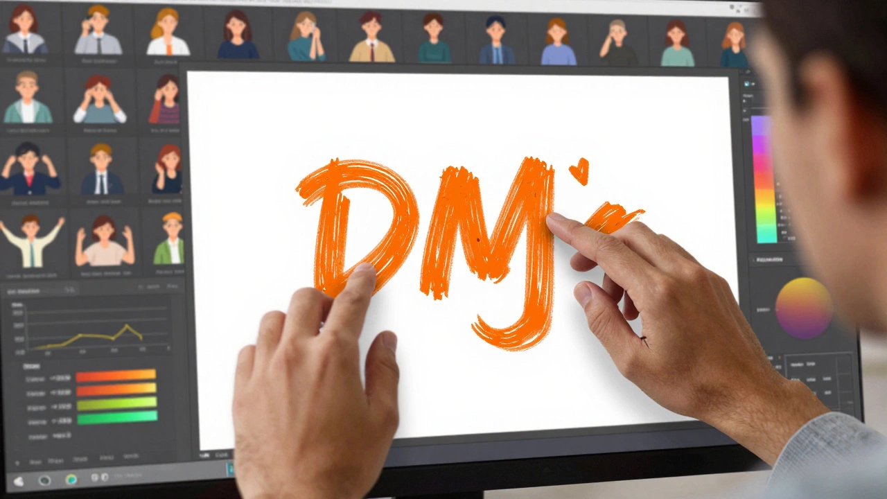 Дизайнер выбирает логотип с ручной текстурой, рядом — генерируемые ИИ варианты и цветовые схемы.