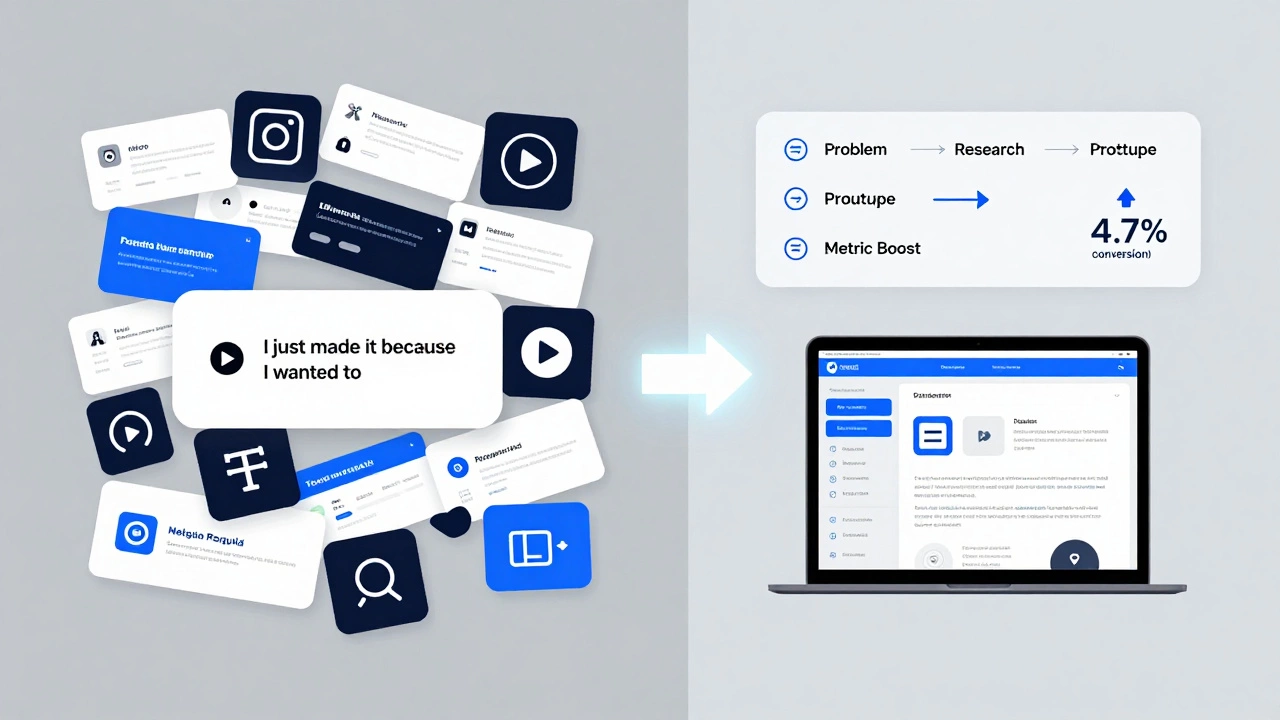 Два мира дизайна: хаотичные баннеры слева и структурированный процесс с результатами справа.