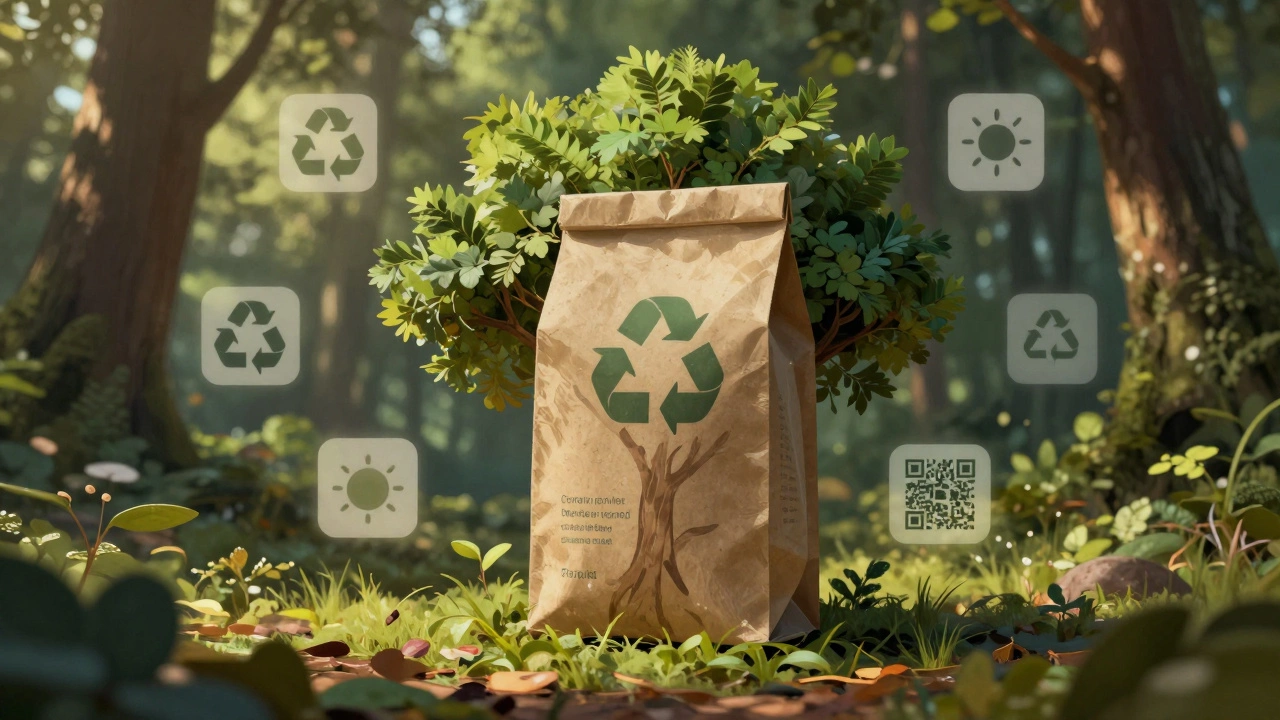 Экологичная упаковка, превращающаяся в дерево, с символами устойчивого развития и природным светом.
