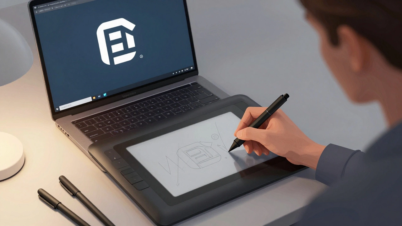 Художник работает с Wacom Intuos Pro, подключенным к ноутбуку, рисуя векторную графику.