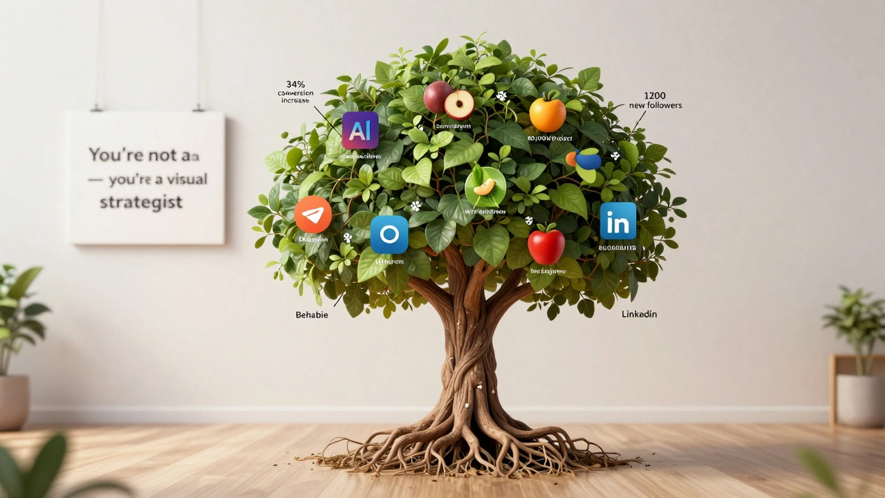 Портфолио дизайнера как дерево с плодами-результатами: рост продаж, подписчики, доходы, корни — платформы для поиска клиентов.