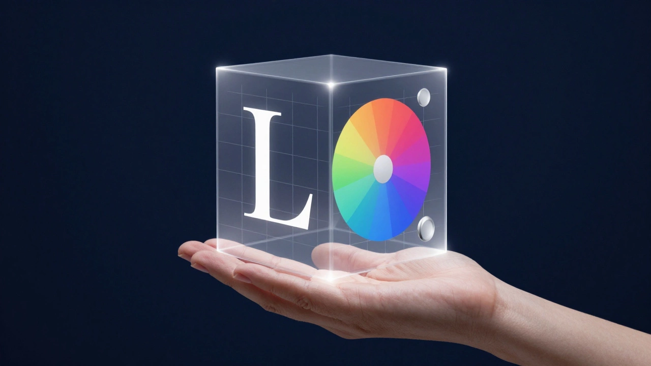 Прозрачный куб с элементами дизайна — шрифтом, цветом и сеткой — в равновесии на темном фоне.