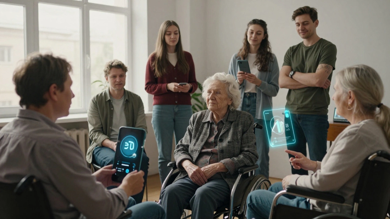 Разные люди взаимодействуют с невидимыми интерфейсами без кнопок, в естественном освещении.