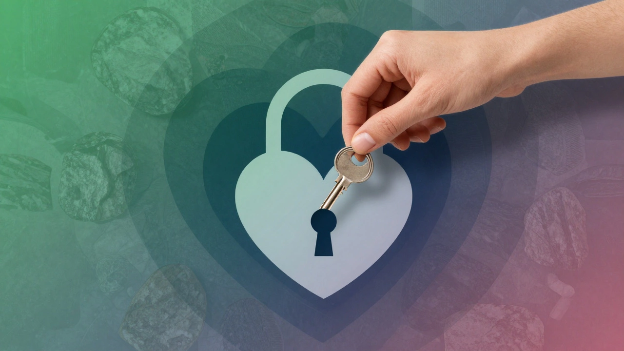 Рука вставляет ключ в замок в форме сердца, окружённый мягкими цветами и текстурами.