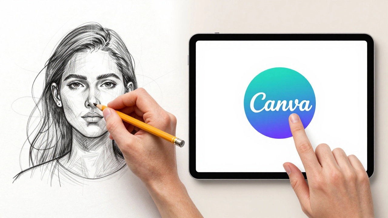 Сравнение ручного рисования и цифрового дизайна в одной композиции.