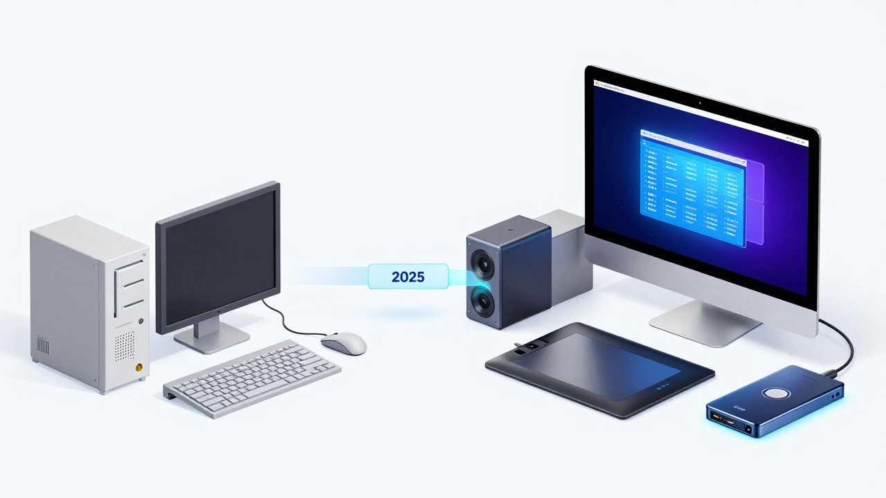 Сравнение старого и современного рабочего места графического дизайнера в стиле цифровой иллюстрации.