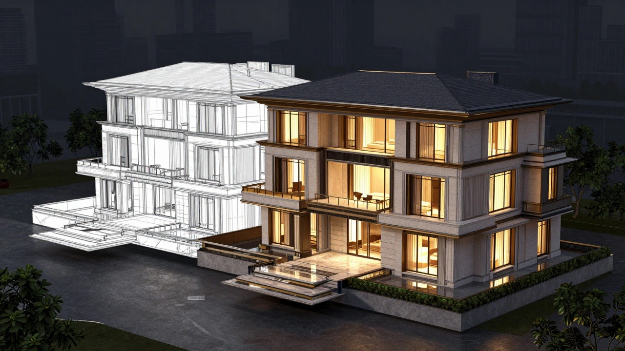 Трёхмерная модель виллы превращается в реалистичную визуализацию с золотым светом, подчеркивающим текстуры и окна.