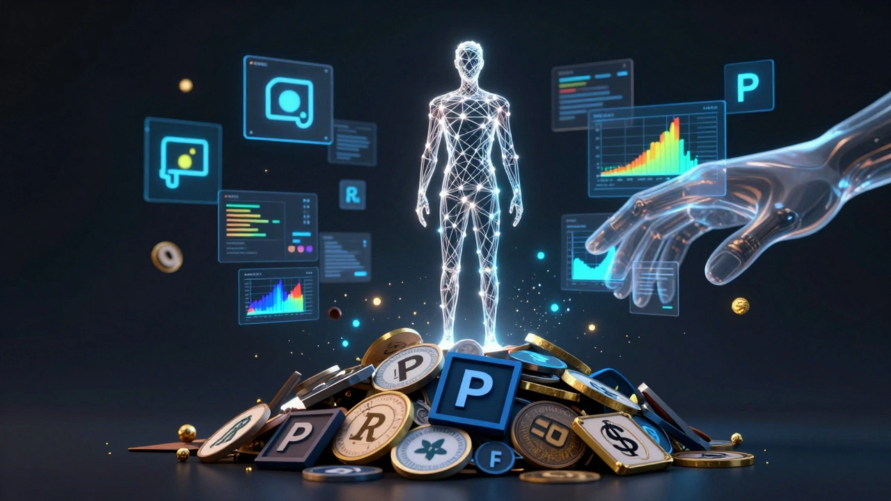 Человек из узлов и линий стоит над устаревшими логотипами, над ним — цифровые элементы дизайна и ИИ-фрагменты.