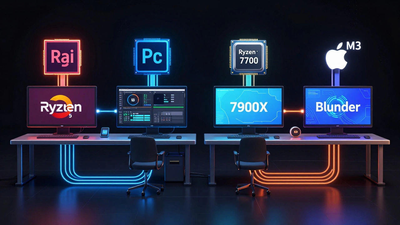 Четыре рабочих места для дизайна с разными процессорами, соединённые потоками данных в стиле киберпанк.