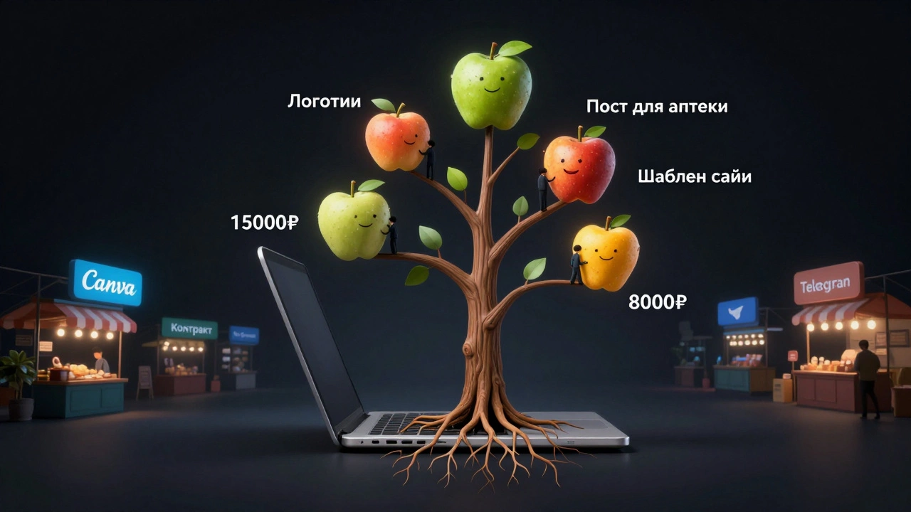 Дерево растет из ноутбука, плоды — это заработанные дизайны, корни — платежи, фон — маркетплейсы.