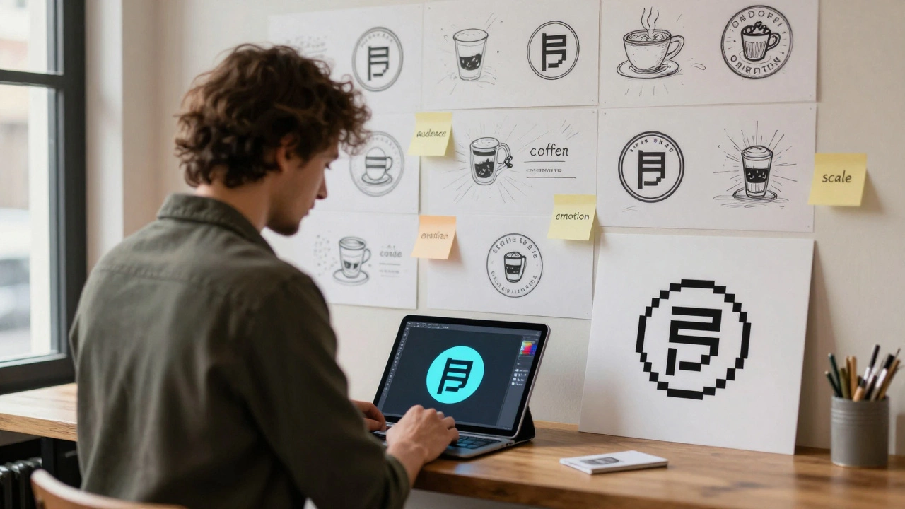 Дизайнер стоит перед стеной эскизов логотипов, рядом — чистый векторный логотип и размытая версия в Photoshop.