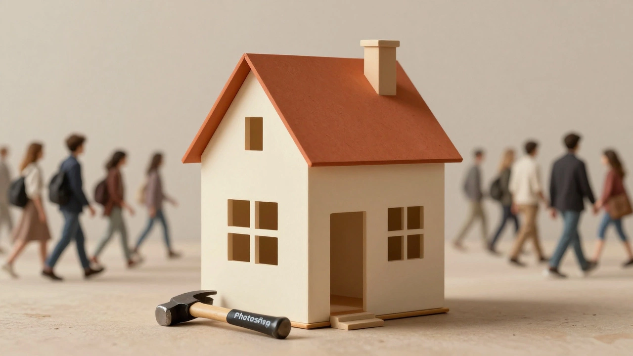 Дом, построенный из принципов дизайна, с молотком Photoshop на земле рядом — символическое изображение.