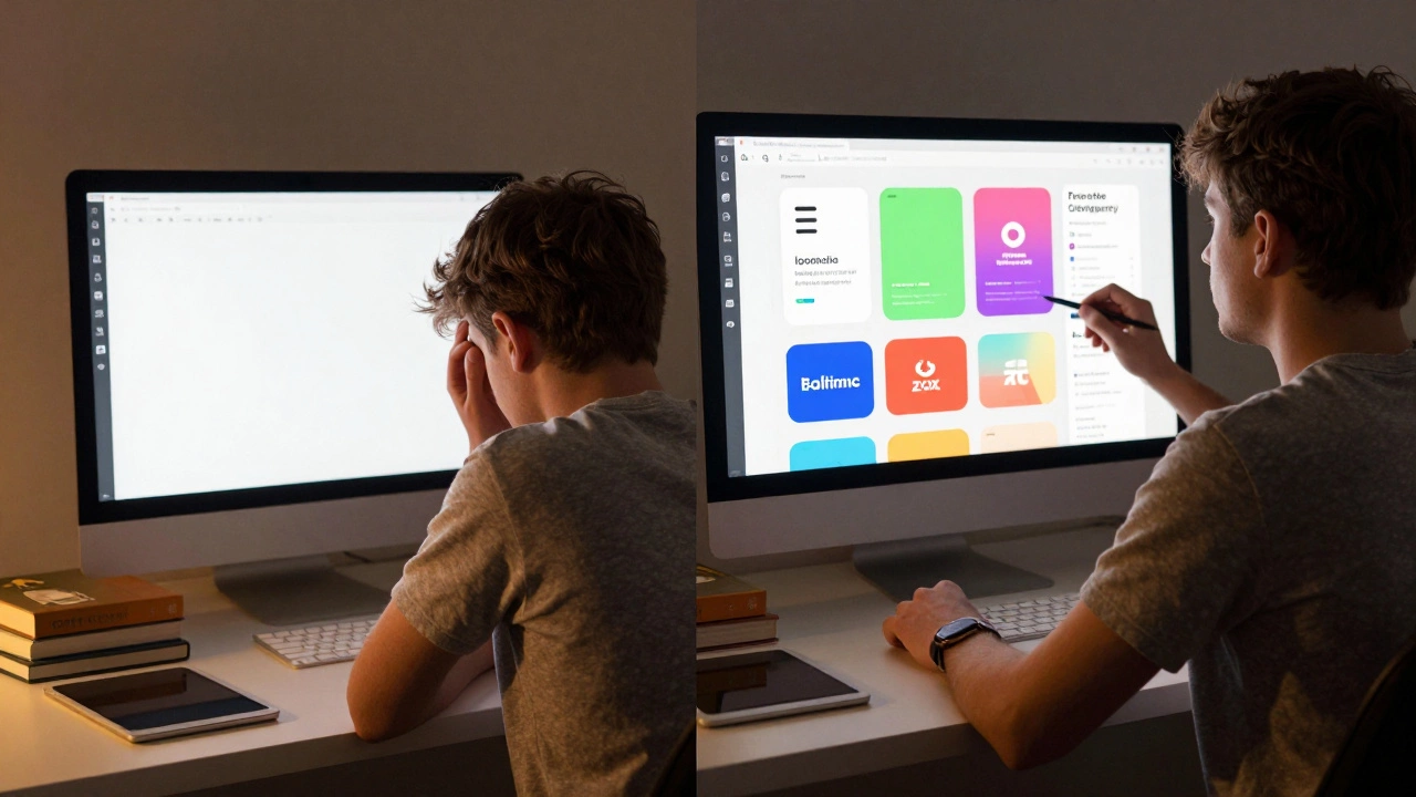 Два состояния дизайнера: новичок в тени и профессионал на свету с портфолио.