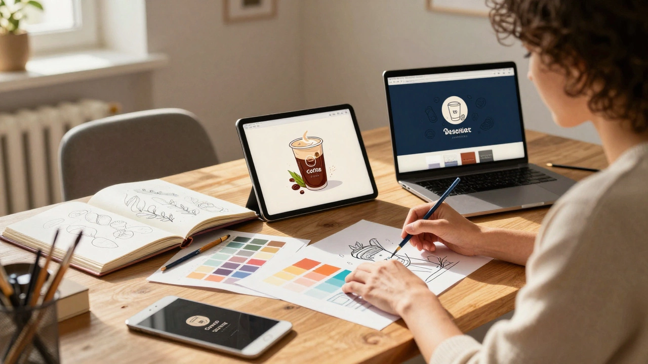 Фрилансер-дизайнер создаёт логотип на ноутбуке, вокруг него эскизы и кисти при естественном свете.
