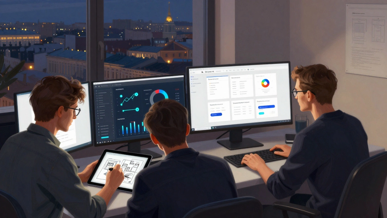 Команда разработчиков обсуждает интерфейс банковского приложения в коворкинге, один из них показывает экран с прототипом.