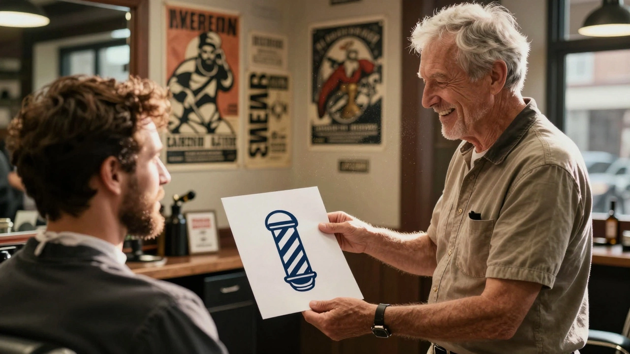 Мужчина передает дизайн барбершопу, владелец улыбается, в фоне — уютный салон с винтажными плакатами.