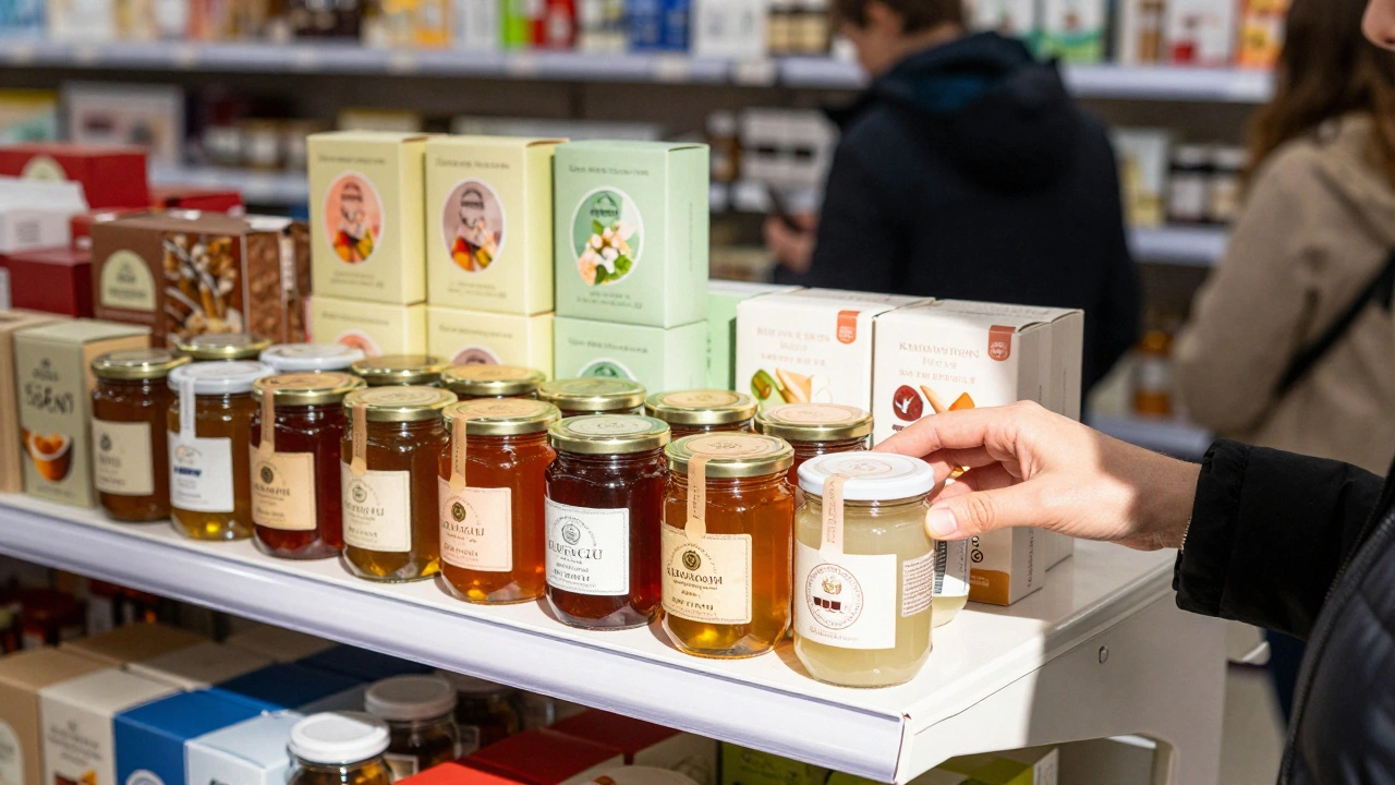 Полка в магазине с упаковкой, спроектированной графическим дизайнером, клиент берёт один из товаров.